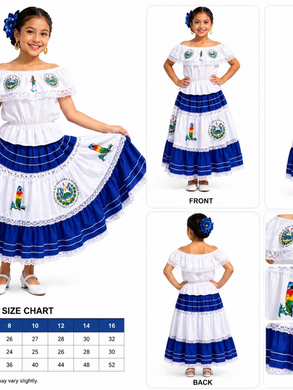 Traditional White and Blue Girls' Folklorico Dress Costume